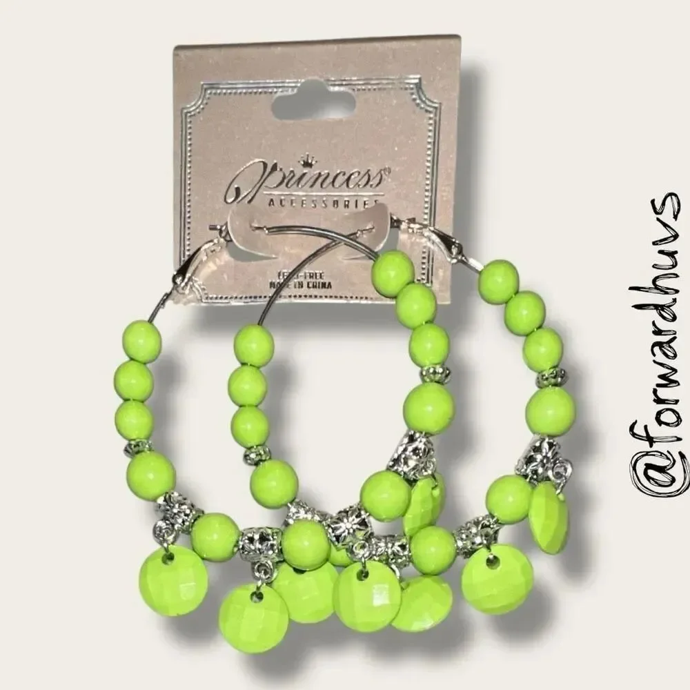 Bundle Sale 3 for $15 | Princess Accessories Neon Green Hoop Earrings – Faceted